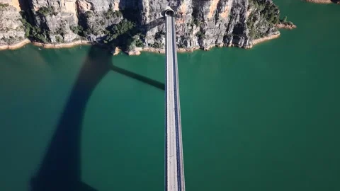 Overhead view of a bridge over a reservoir Stock Footage 344054413