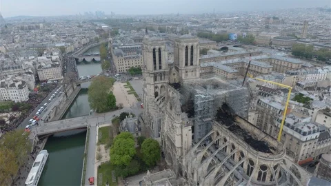 Overhead view of burned-out Notre-Dame-de-Paris beautiful church Video stock 114732783