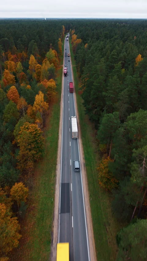 Overhead view of busy highway through autumn forest with trucks and cars Stock Footage 347871385