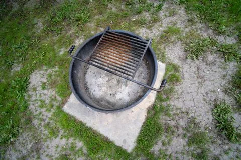Overhead view of a campfire fire pit ring at a campground Stock Photos