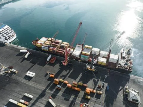 Overhead view of cargo vessel loaded with containers Stock Photos