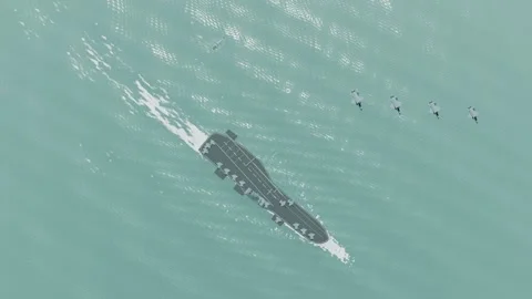 Overhead view carrier air wing with helicopter and jet section aerial shallo Video stock 343741983
