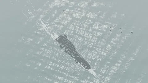 Overhead view carrier air wing with helicopter and jet section aerial white Stock Footage 343742058