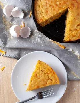Overhead View of Cast Iron Cornbread Stock Photos