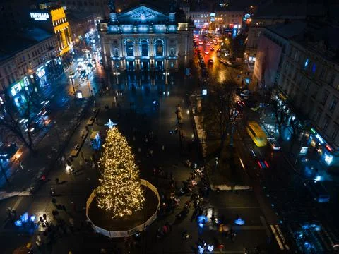 Overhead view of christmas tree square in Lviv city Stock Photos