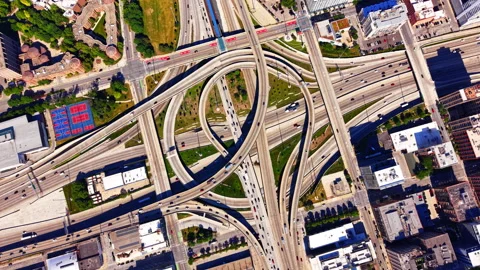 Overhead view of circular highway interchange, Chicago Illinois Stock Footage 341028212