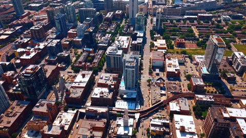 Overhead view of city grid and elevated rail, Chicago, Illinois. Drone Video stock 337423563