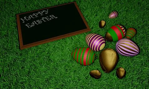 Overhead view of colorful Easter eggs background of grass. Flat lay style. .. Stock-Illustration