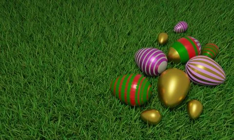 Overhead view of colorful Easter eggs background of grass. Flat lay style. .. Stock Photos