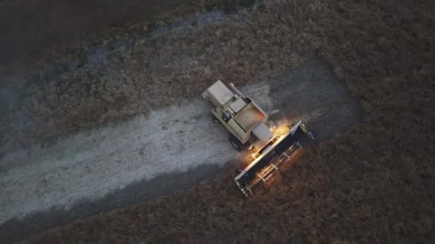 Overhead view of a Combine turning into Field Stock-Footage 139791349