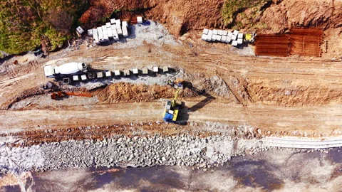 Overhead view of concrete pouring and site logistics Stock Footage 333839665