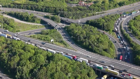 Overhead View of Congested Highway Traffic, Cars and Trucks at Junction Stock Footage 335352271