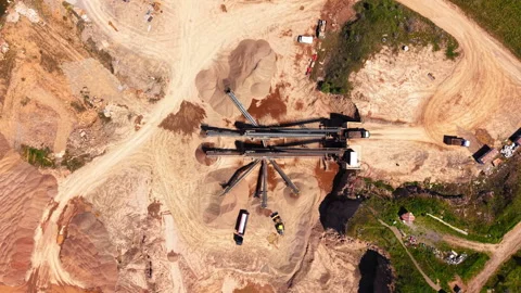 Overhead view of conveyor belts at quarry processing plant, Bulgaria Stock Footage 339005458