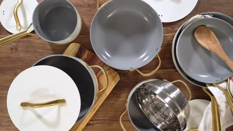 Overhead View of Cookware Set on Wooden Table Stock Footage 344949130