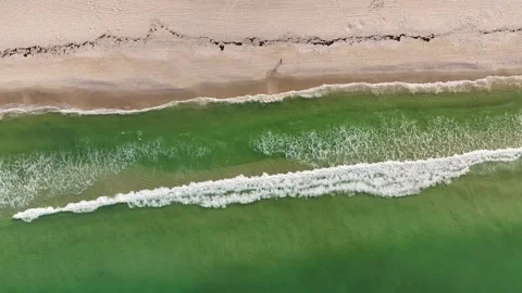 Overhead view of a couple walking on a bright, sandy beach in the summer. Stock Footage 278199310
