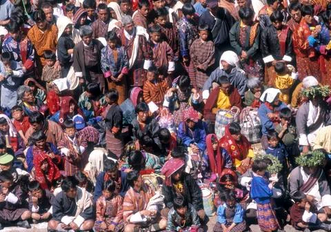 Overhead view of crowd celebrating Paro Festival, Paro, Paro District, Bhutan Stock Photos
