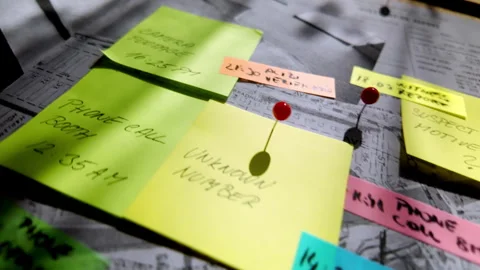 Overhead View of Detective Evidence Board Covered with Investigative Clues Stock Footage 337491174