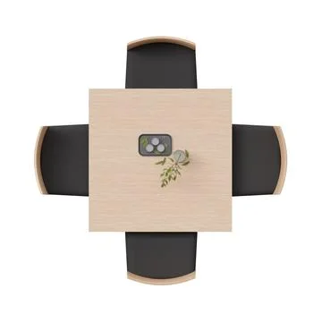 Overhead view of dining set with a wooden table and black chairs. Square, small イラスト素材