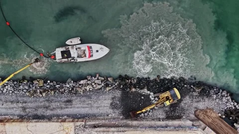 Overhead view of dredging and shore protection Stock Footage 338186933
