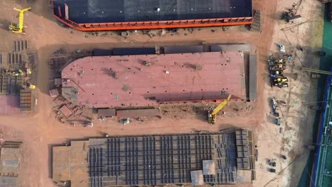 Overhead View of a Dynamic Shipbuilding Facility Showcasing Heavy Fabricati.. Stock Footage 325289691