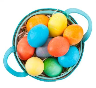 Overhead View Of Easter Basket Full Of Colorful Dyed Eggs Stock Photos