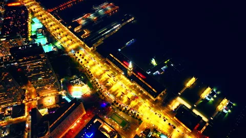 Overhead view of the Embarcadero boulevard at night, San Francisco Stock Footage 337463526