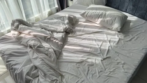 Overhead View of Empty Disheveled Bed with Scattered Pillows in Bright Morning Stock Footage 342891311