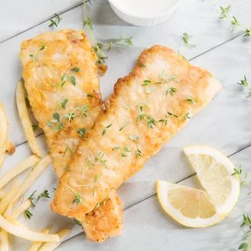 Overhead view fish and chips Stock Photos