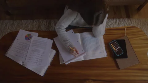 Overhead View Of Focused College Student Writing In Notebook Stock Footage 270330728