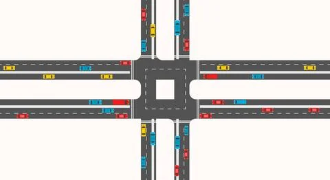 Overhead view of four-way traffic intersection with cars on roads and cross.. Stock Illustration