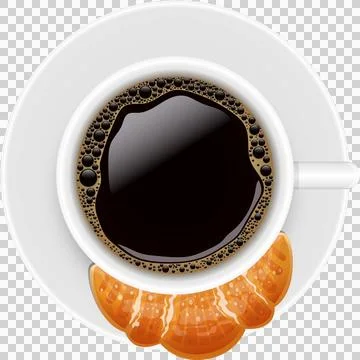 Overhead view of fresh brewed coffee in white cup and croissant pastry, war.. Stock Illustration
