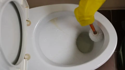 Overhead view of gloved hands using a toilet brush to clean the bowl interior Video stock 316754980