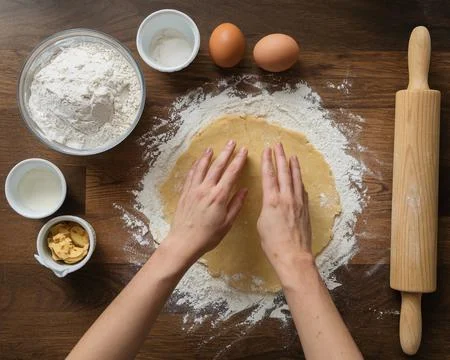 Overhead view of a hands preparing dough with flour, eggs, and rolling pin Stock Photos