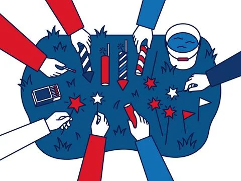 Overhead View of Hands Preparing Fireworks and Sparklers for Celebration Ilustración de archivo