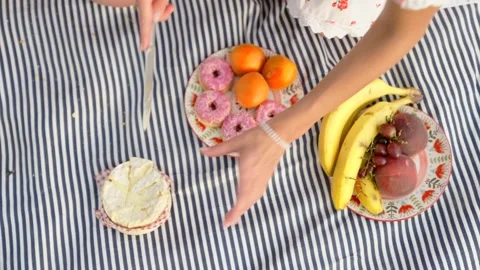 Overhead View Of Hands Slicing Soft Cheese On Picnic Blanket Stock Footage 341554070