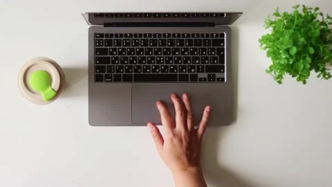Overhead view of hands typing on a laptop with a plant and cup on a white desk Stock Footage 337173687