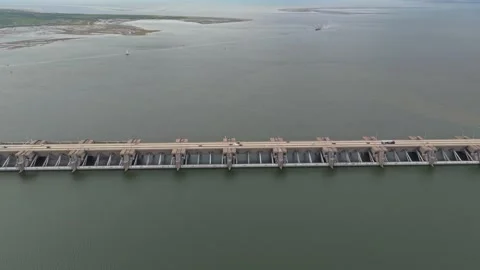 Overhead view of Haringvliet locks with bridge structure, Netherlands Stock Footage 315863780