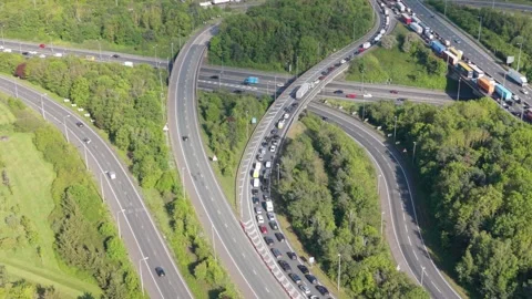Overhead View of Heavy Traffic Jam on a Major Highway Interchange Stock Footage 335292262