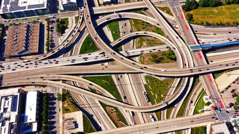 Overhead view of highway cloverleaf interchange, Chicago Illinois Stock Footage 341028219