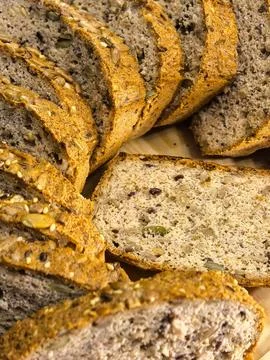 Overhead View of Homemade Keto Seed Bread Slices Stock Photos