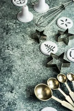 Overhead view of kitchen utensils on a worktop Stock Photos
