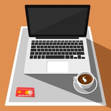Overhead view of laptop, credit card and a cup of coffee on a desk Stock Illustration
