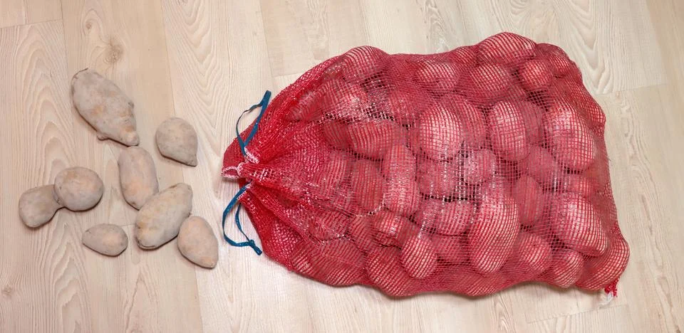 Overhead view of a large red mesh sack filled with potatoes next to a pile .. Stock-Fotos