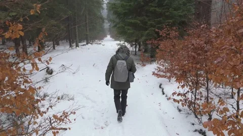 Overhead view of a lone explorer in a green jacket, making his way through .. Video stock 264597428