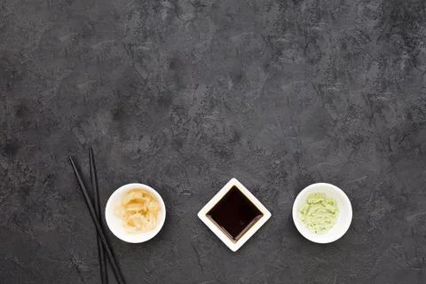 Overhead view marinated ginger wasabi soya sauce with chopstick blackboard Stock Photos