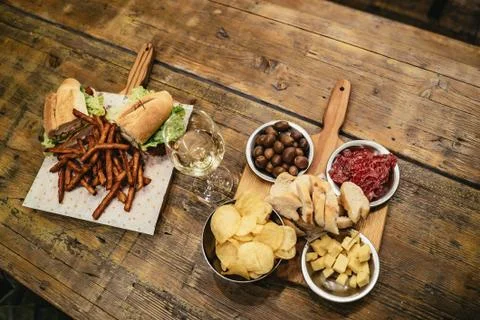 Overhead view of a meal for two on rustic table Stock Photos