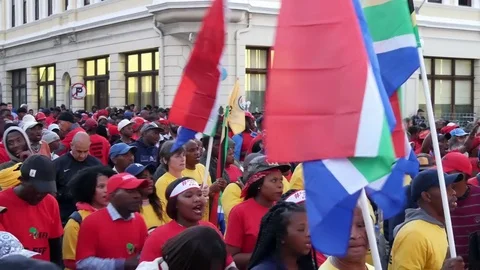 Overhead view of mixed yellow, red &amp; blue shirted people with South Africa flags 库存影片 78617047