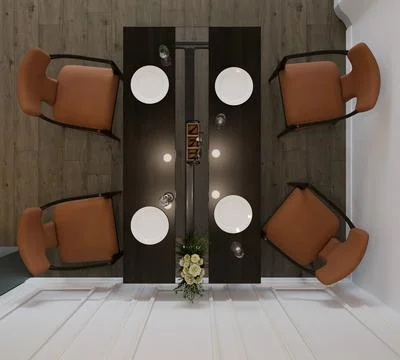 Overhead view A modern dining area with a dark table set for four Stockillustratie