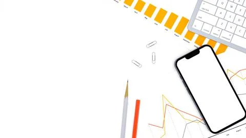 Overhead view of a modern workplace at the office: printouts of charts and .. Stock Illustration