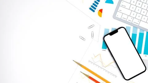 Overhead view of a modern workplace at the office: printouts of charts and .. Stock Illustration